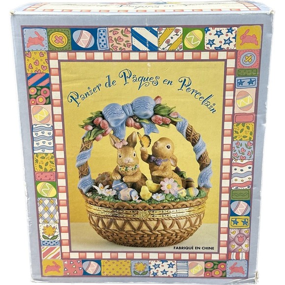 Porcelain Easter Basket Large Trinket Box with Bunnies and Flowers in Box - Picture 7 of 10